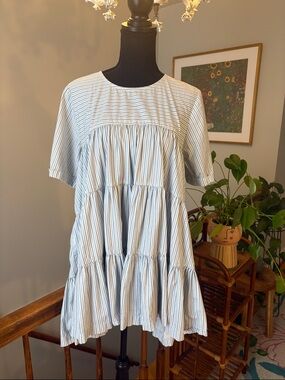 Free People Light Blue & White Striped Tiered Tunic